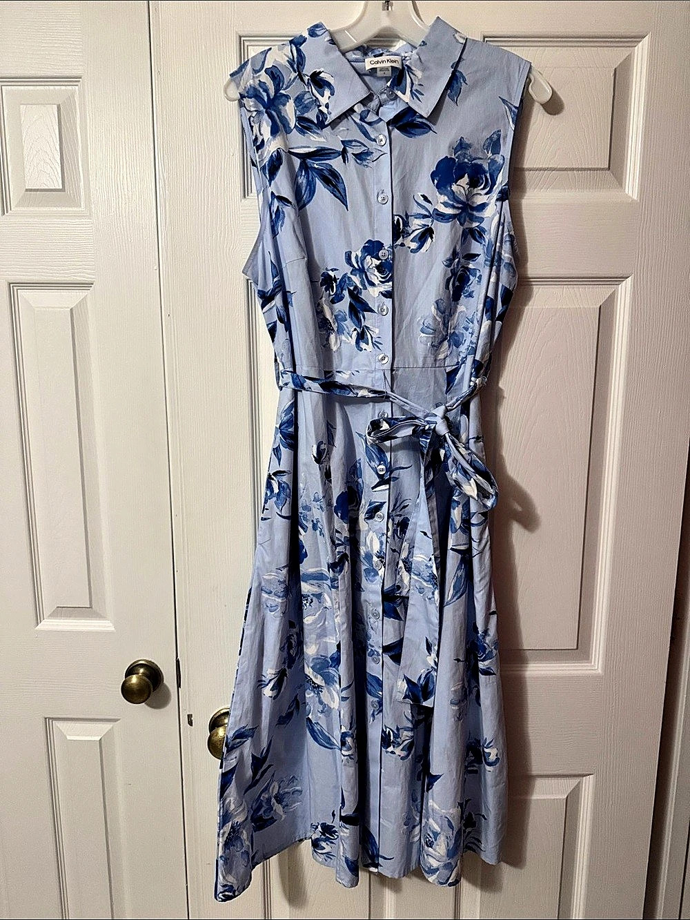 Calvin Klein Floral Sleeveless Collared Midi Shirtdress Blue & White Size 14